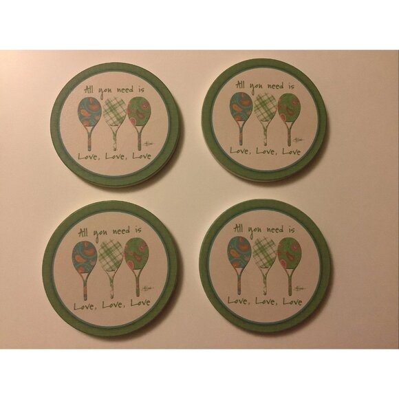 Thirstystone Coasters Set Of 4 Tennis Rackets All You Need Is Love New Old Stock - Picture 2 of 10